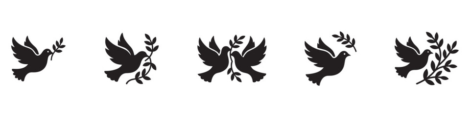 Fototapeta premium Dove of peace icon set. Flying pigeon with olive branch symbol. Freedom and hope bird logo. Harmony purity faith sign. Vector illustration. Vector Graphic. EPS 10