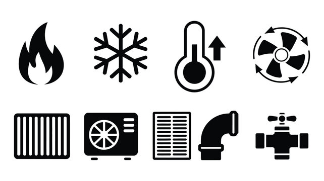HVAC service icons featuring heating, cooling, ventilation, and plumbing symbols in black style for climate control systems, maintenance services, and home repairs.