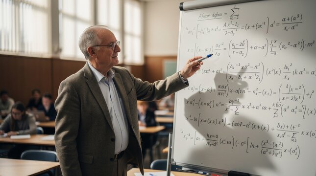 Professor pointing at complex math equations on whiteboard in classroom