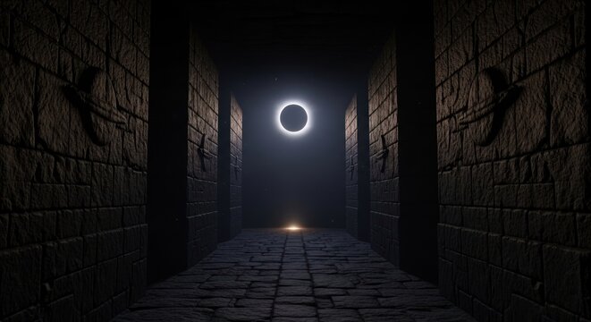 Dark tunnel with glowing light exit.