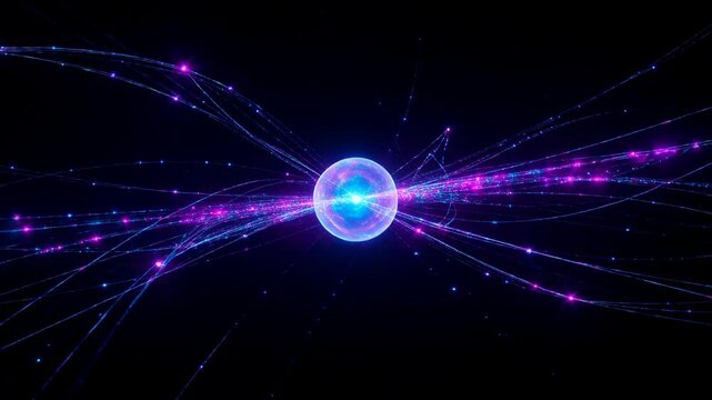 Pulsing blue orb sending bursts along filaments in void, magenta cyan nodes creating two-way flow