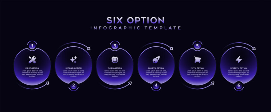Dark purple glass infographic template featuring a 6 step timeline workflow flowchart for business presentations. Modern pitch deck layout with numbered options, icons, graphs, process visualization.