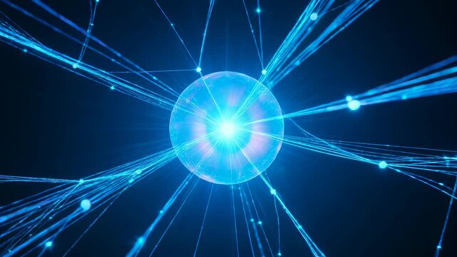 Pulsing orb sending filaments and nodes through dark void after frame start, emitting energy