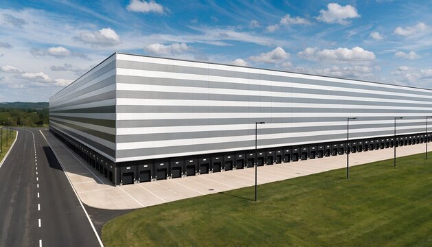 Aerial twin warehouse complexes with grey/blue roofs amid emerald and golden farmland. Tree lines, roads, azure sky. Logistics, supply chain infrastructure.