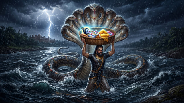 Lord Krishna Protected by Sheshnag as Vasudeva Crosses Stormy Yamuna River During Divine Birth Story