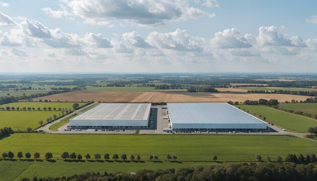 Aerial twin warehouse complexes with grey/blue roofs amid emerald and golden farmland. Tree lines, roads, azure sky. Logistics, supply chain infrastructure.