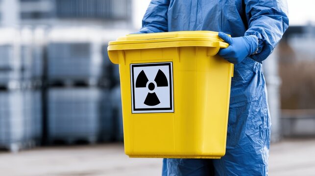 Person in hazmat suit holding a yellow radioactive waste bin