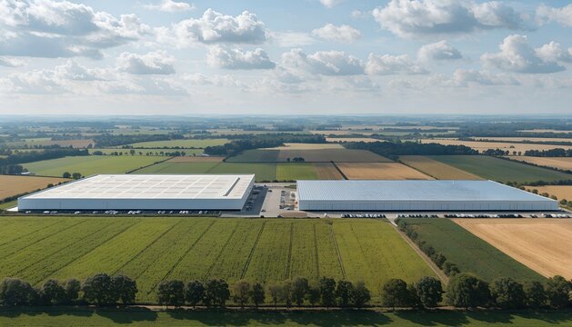 Aerial twin warehouse complexes with grey/blue roofs amid emerald and golden farmland. Tree lines, roads, azure sky. Logistics, supply chain infrastructure.