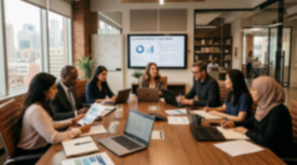 Fototapeta premium Soft focus blurred photo of Diverse professional business team having a meeting in a modern office boardroom with laptops and documents on a large wooden table