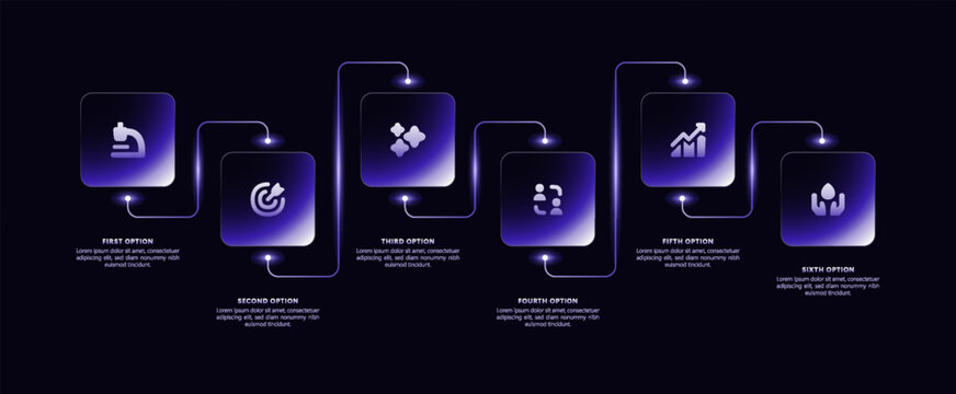 Dark purple glass infographic template featuring a 6 step timeline workflow flowchart for business presentations. Modern pitch deck layout with numbered options, icons, graphs, process visualization.