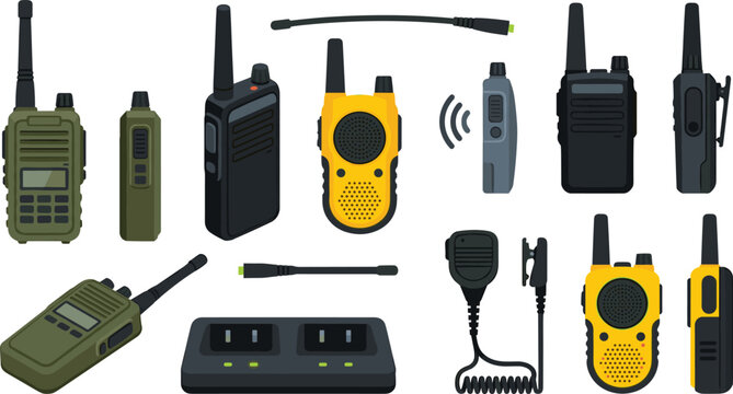 Portable Walkie Talkie Radio Communication Vector Illustration Set Featuring Handheld Transceivers, Antennas, Dual Charging Dock Station, and Shoulder Microphone Elements