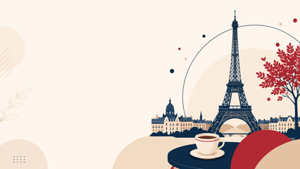Parisian Cafe Ambiance: A stylized illustration of the Eiffel Tower stands tall against a soft, creamy background, with a delicate cup of coffee resting on a table in the foreground. © Ahmed