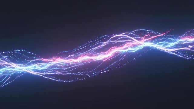 Entering lower-left luminous braided filaments weaving on dark backdrop, sparking, swapping strands