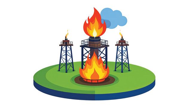 Flaming oil well drilling rig platform.