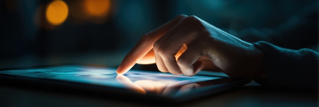 Innovation at your fingertip a hand taps a luminous tablet screen in cinematic low light, evoking digital transformation, connectivity, and the seamless human technology interface.