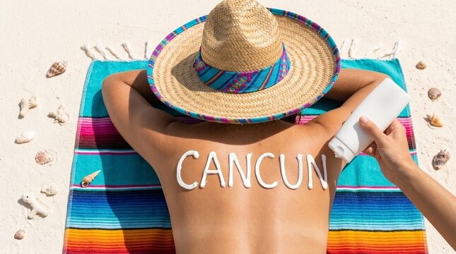 Pessoa aplicando protetor solar em forma de 'CANCUN' nas costas em praia