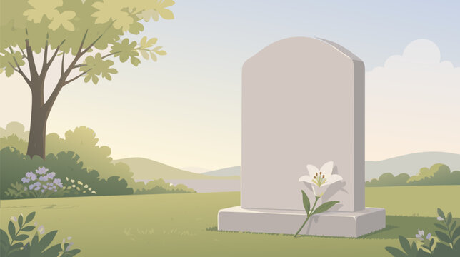 Solemn flat vector illustration of a blank gray grave headstone with a single red flower lying on the ground, cemetery monument for mourning, remembrance, and memorial day concepts.