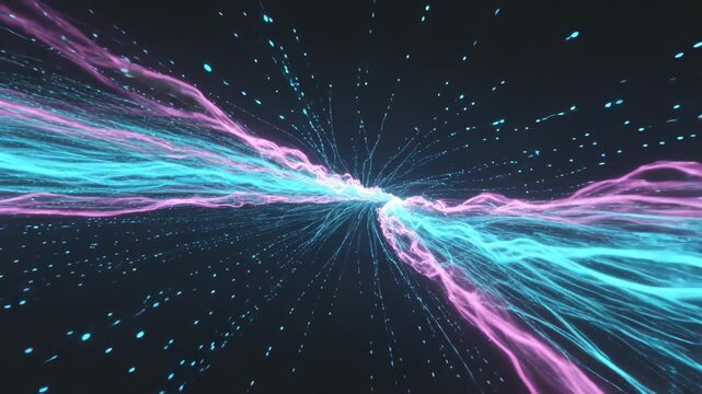Meeting at central node, cyan-magenta ribbons streaming outward across dark void, particle spray