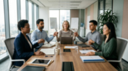 Fototapeta premium Soft focus blurred photo of Diverse business team having a cheerful meeting around a wooden conference table in a modern office