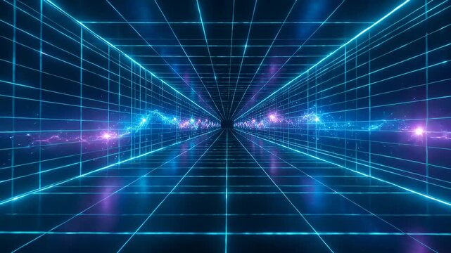 Pulsing cyan grid tunnel moving, sending purple-blue waveforms toward center point, mirroring floor