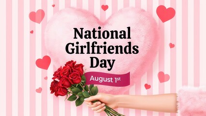 National Girlfriend Day greeting card with red rose and fluffy heart