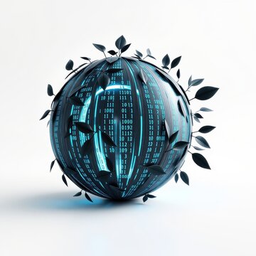 Sphere combines digital code, nature. Binary streams surround organic leaves, symbolizing technology growth. Futuristic concept, bright illumination.