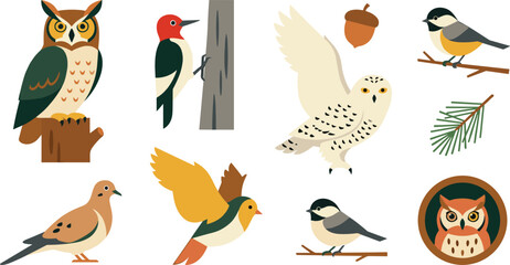 Woodland Bird Vector Collection Featuring Owl Snowy Owl Woodpecker Chickadee Dove Goldfinch and Forest Nature Elements © MdNazmul