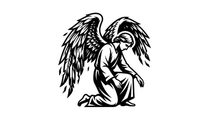 Fototapeta premium Angel kneeling with wings spread in a solemn pose.