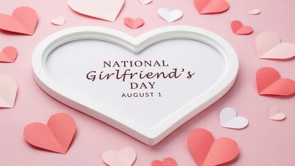 National Girlfriend Day greeting card with heart shaped frame and paper hearts on pink background