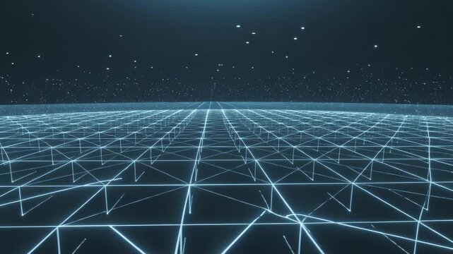 Advancing camera causing neon grid pulsing, node spikes rising toward virtual horizon, adding depth