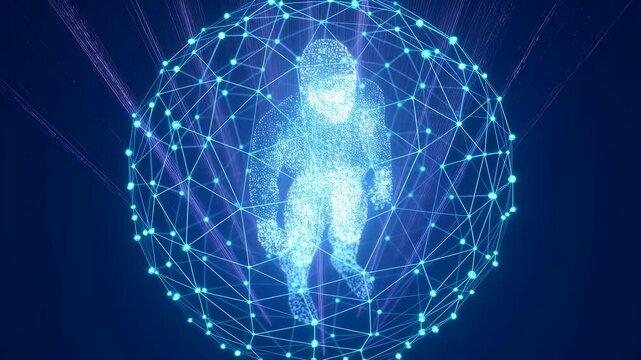 Digital human figure surrounded by a network of glowing nodes. Represents the intersection of technology and human connection in a digital age