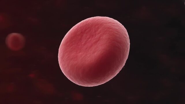 Moving viewpoint closer, biconcave red blood cell drifting and tumbling in vessel, showing flow
