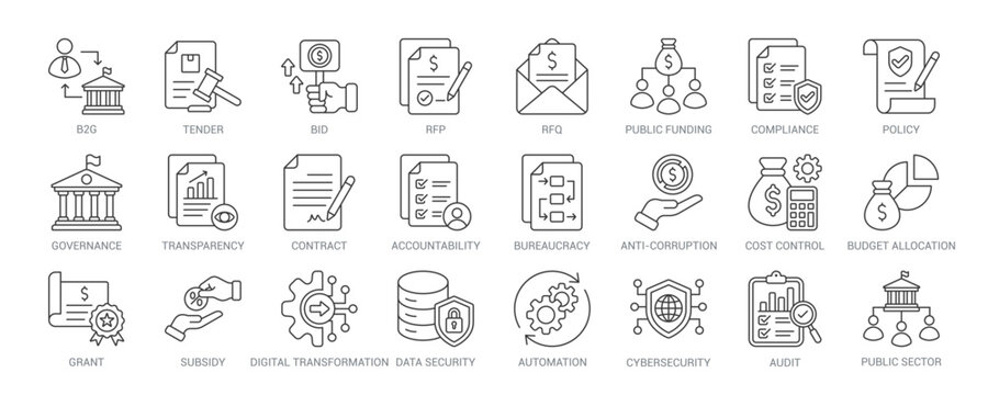 B2G (Business-to-Government) outline vector icon set featuring tender, bid, RFP, RFQ, governance, transparency, public funding, compliance, digital transformation and public sector concepts.