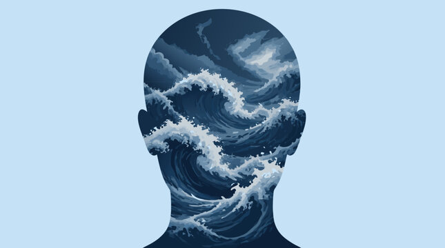 Conceptual Silhouette of a Human Head Filled with Stormy Ocean Waves, Representing Mental Health Struggles, Stress, and Turbulent Emotions in a Minimalist Flat Vector Illustration Design.