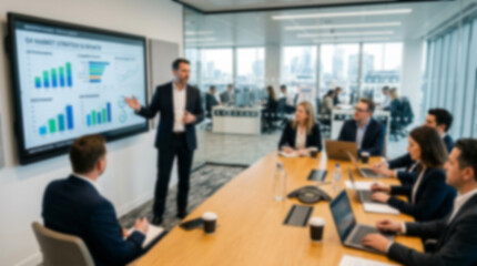 Fototapeta premium Soft focus blurred photo of Professional business man giving a presentation with financial charts on a screen to his team in a modern office conference room