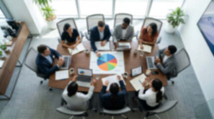 Fototapeta premium Soft focus blurred photo of Business team having a meeting around a table with a colorful pie chart document in a modern corporate office