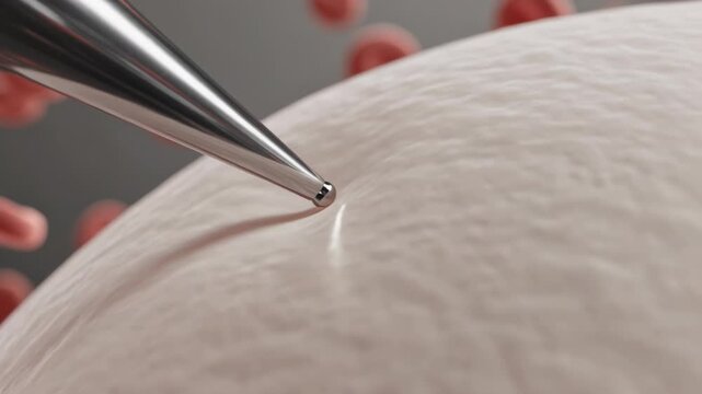 Entering upper-left needle tip touching textured cell membrane in fluid with red discs, probing