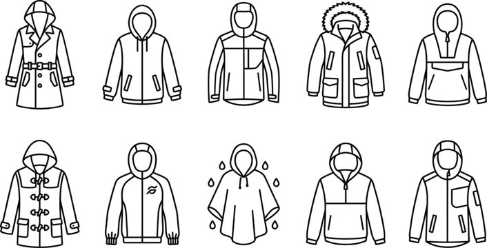 Raincoat and hooded jacket icon set featuring waterproof outerwear and outdoor fashion symbols in clean line style.