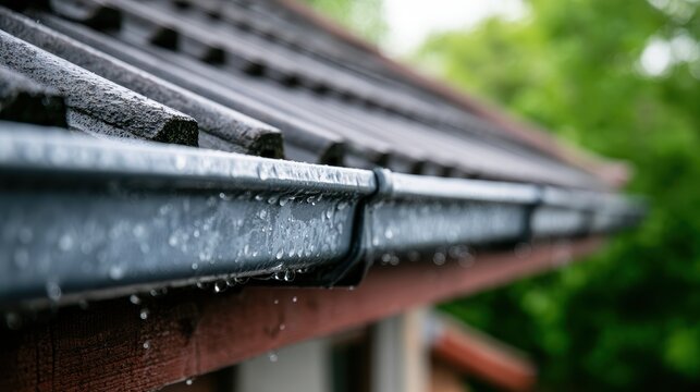 Close-up of residential metal rain gutter with water droplets after rain