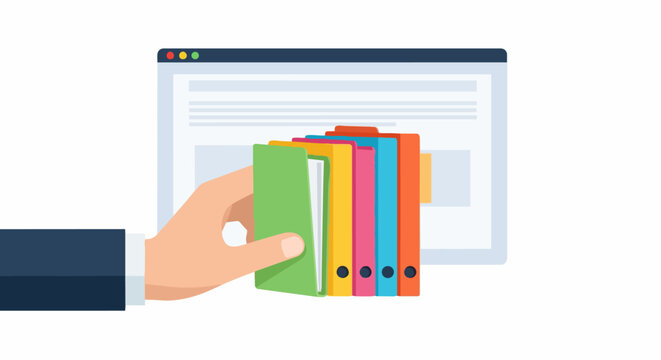 Digital Document Management System Illustration: Hand Selecting Colorful Folders for Data Organization, Cloud Storage, and Online Business File Management