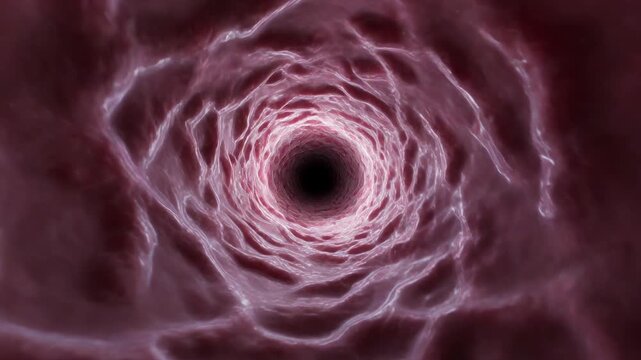Playing sequence propelling camera forward through CGI pink tunnel, revealing dark central aperture