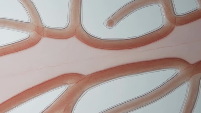 Showing sheer pink membrane shifting thin reddish filament on lightbox over frames, gentle wave