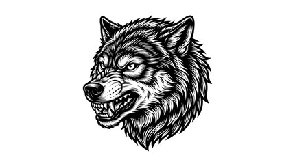 Obraz premium Fierce Wolf Head Illustration Black and White.
