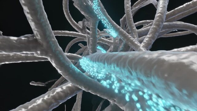 Streaming cyan motes snaking pale strands as camera advances into dark braided tangle tracing paths