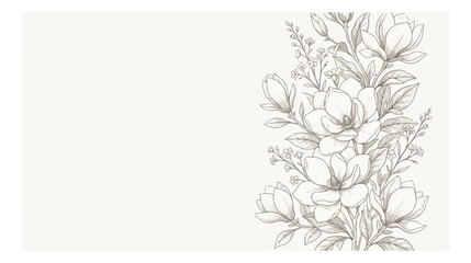Vintage magnolia flower line art vector, elegant floral sketch border on beige background, hand drawn botanical illustration for wedding stationery © xantii