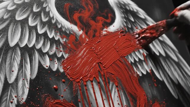 Artist Applying Crimson Paint to Angel Wings Artwork