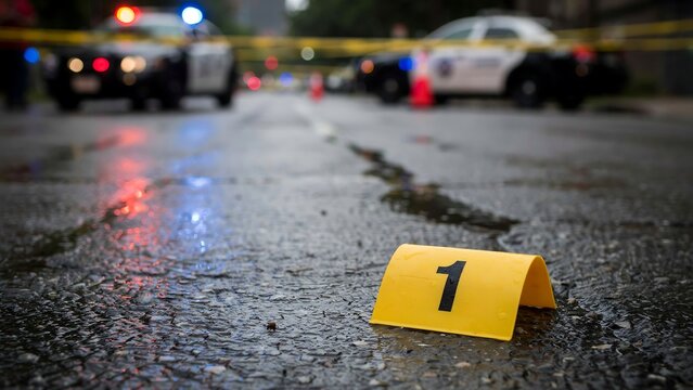 Yellow evidence marker with number one rests on wet asphalt near police vehicles at a crime scene investigation forensic