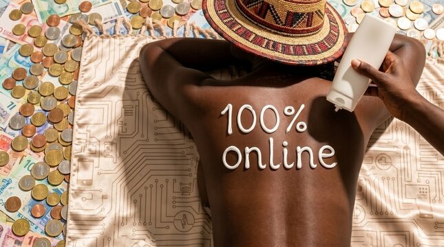 Pele com texto escrito 100% online, ao lado de dinheiro e moedas