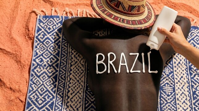 Aplica&ccedil;&atilde;o de protetor solar em forma de palavras na pele de uma pessoa deitada em uma toalha