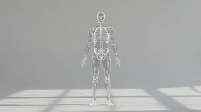 Displaying wireframe skeleton centered in grey room for study, frames repeating with window shadows